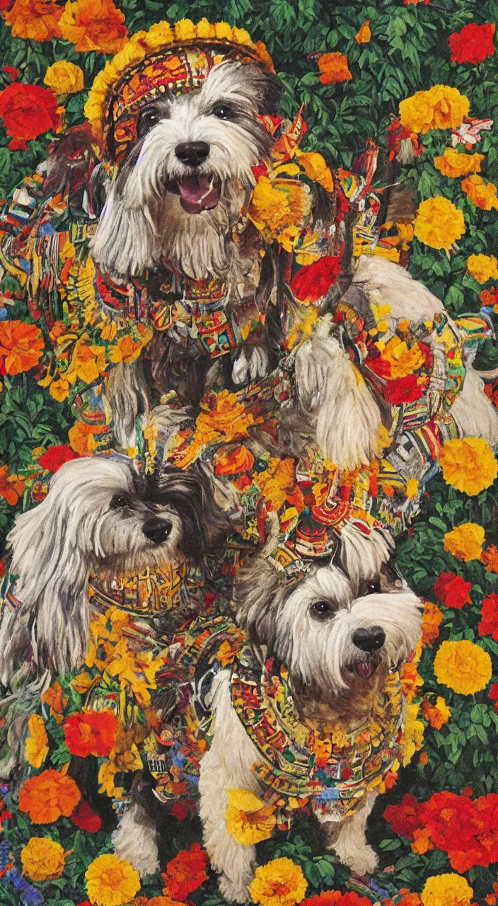 Prompt: portrait of a cream colored havanese dog dressed as an aztec warrior, aztec temple, jungle, with a bouquet of marigolds, mexico, mural by diego rivera realism aztec modernism 1 9 3 5