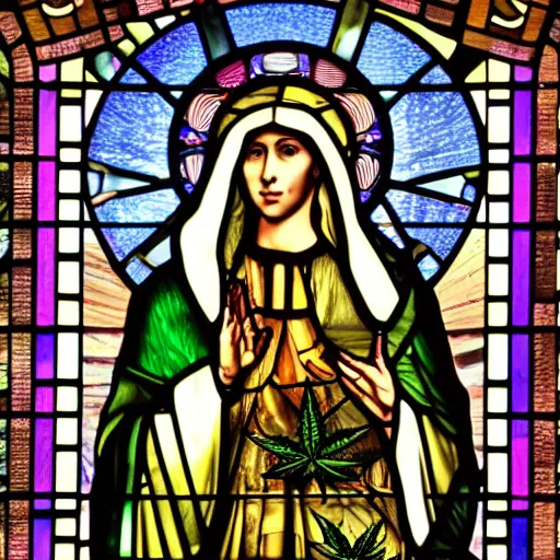 Prompt: a 3 5 mm hi def hi resolution digital 8 k realistic photo of mother mary on a tall detailed intricate stained glass holding a marijuana huge prominent leaf from a brooklyn bodega