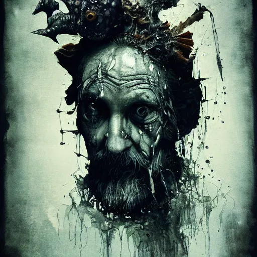 Image similar to collodion process photography of mutant fishman sailor old man with gills and scales creatures from the deep ocean by emil melmoth zdzislaw beksinki craig mullins yoji shinkawa realistic render ominous detailed photo atmospheric by jeremy mann francis bacon and agnes cecile ink drips paint smears digital glitches glitchart