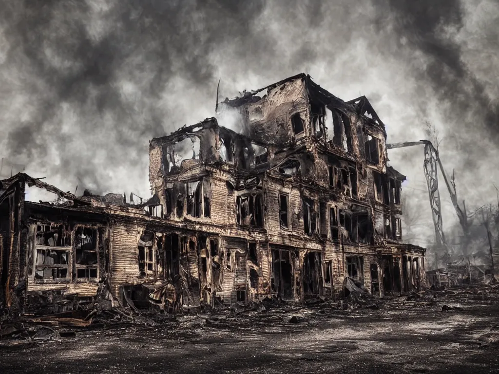 Prompt: burnt out building, no fire, no smoke, dark and moody, photography, realism, dslr photo, canon, award winning!! highly detailed 8 k. intricate, by john martin and carl gustav carus smoke fire _ vibrant colors