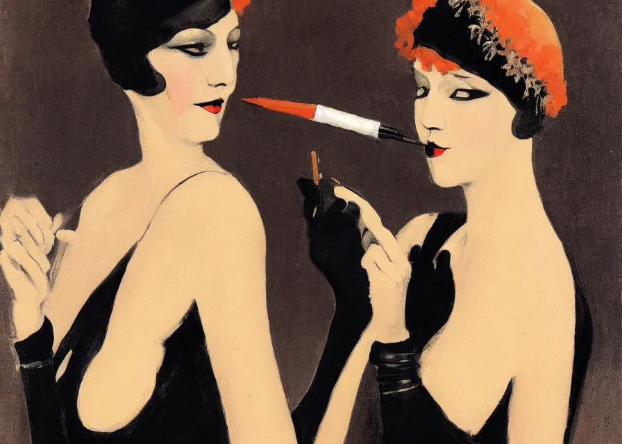 Prompt: painting of a 1 9 2 0 s short - haired flapper woman in black satin gloves holding a long cigarette holder, smirking at the camera, at a jazz party in a dimly lit speakeasy, circa 1 9 2 4, colored edward hopper painting