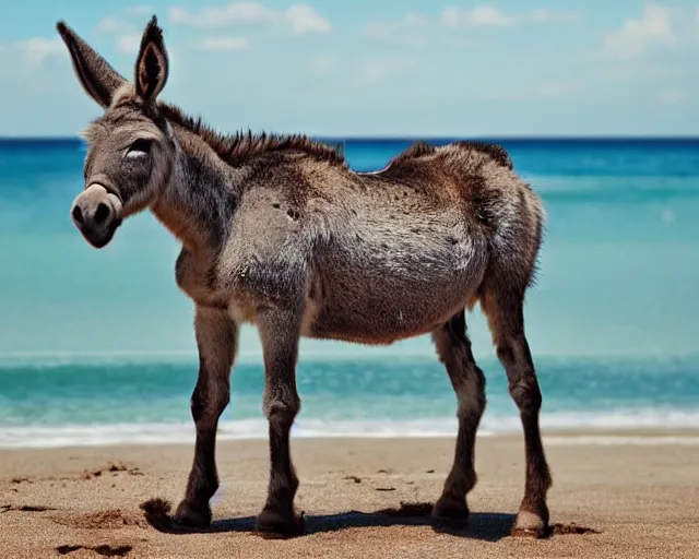 Image similar to realistic photo of a donkey sunbathing at the beach