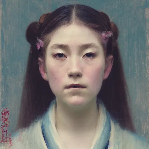 Image similar to girl with pigtails, in kimono, closeup portrait frontview, ethereal, jeremy lipking, tim rees, joseph todorovitch