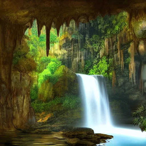 Image similar to ancient temple,plants and waterfalls in the interior of a cave,digital art