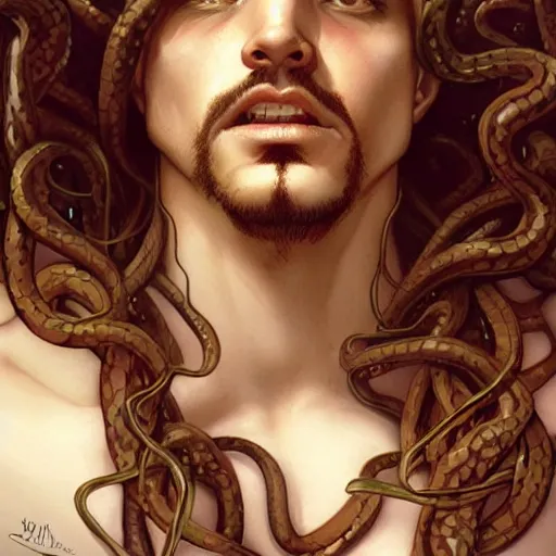 Image similar to male medusa, highly detailed, snakes, digital painting, blood in the eyes, cute face, artstation, concept art, smooth, sharp focus, illustration, art by artgerm and greg rutkowski and alphonse mucha