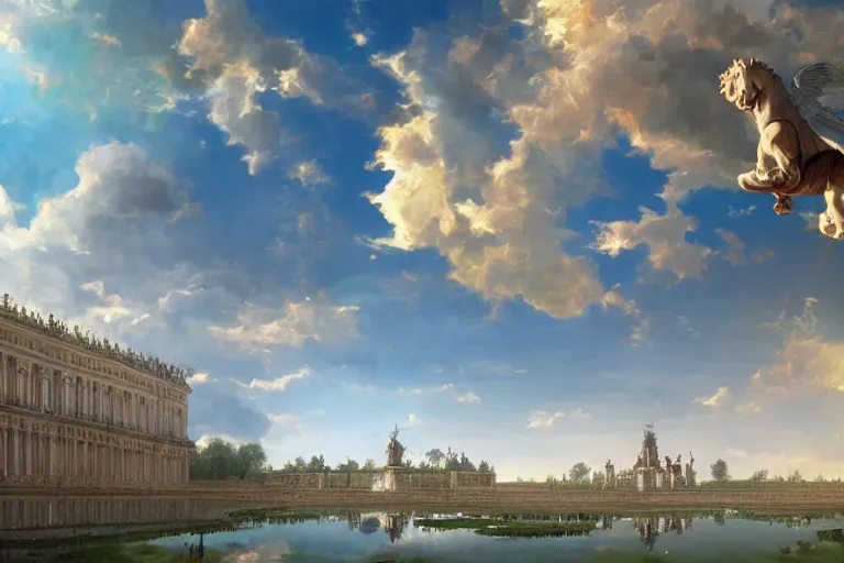 Prompt: Versailles France but it is floating in the sky with steampunk technology while large white fluffy animals fly by, oil painting, unity engine, wide angle, anime styled 3d, trending on artstation, high definition, god rays, caustics