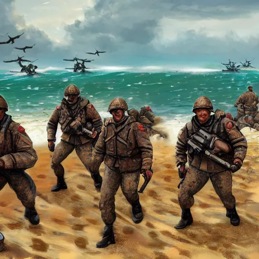 Image similar to rooster soldiers storming the beach d - day in normandy, hyperdetailed, artstation, cgsociety, 8 k