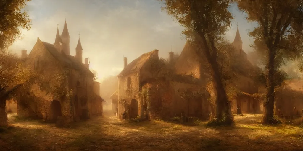 Prompt: Highly detailed and cinematic Romantic period oil painting of a medieval village, fog, volumetric lighting, an oil painting ((masterpiece)) by ((Josep Tapiró Baró)), dynamic lighting, 8K