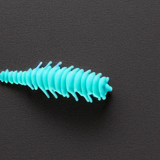 Image similar to studio photograph of a matte gray catterpillar with a neon blue head