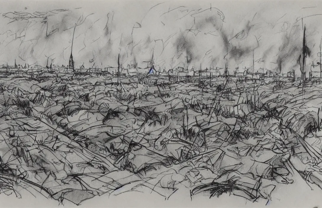 Image similar to milt kahl sketch of world war 1 trenches with the city of miami in the background