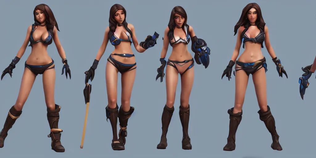 Prompt: rendered character sheet of of beautiful Pool party Caitlyn in the game League of Legends, unreal engine 53d trending on art station