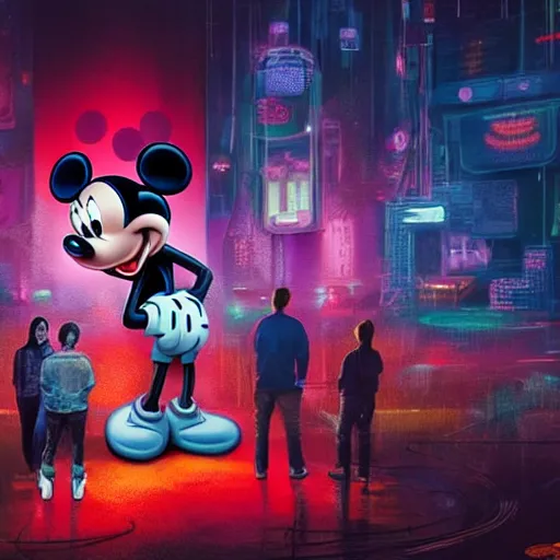 Prompt: a group of people standing around a mickey mouse, cyberpunk art by david lachapelle, cgsociety, sots art, dystopian art, reimagined by industrial light and magic, concept art