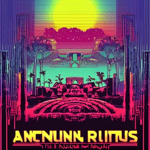 Prompt: ancient ruins, synthwave, in the style of dan mumford pressed penny art