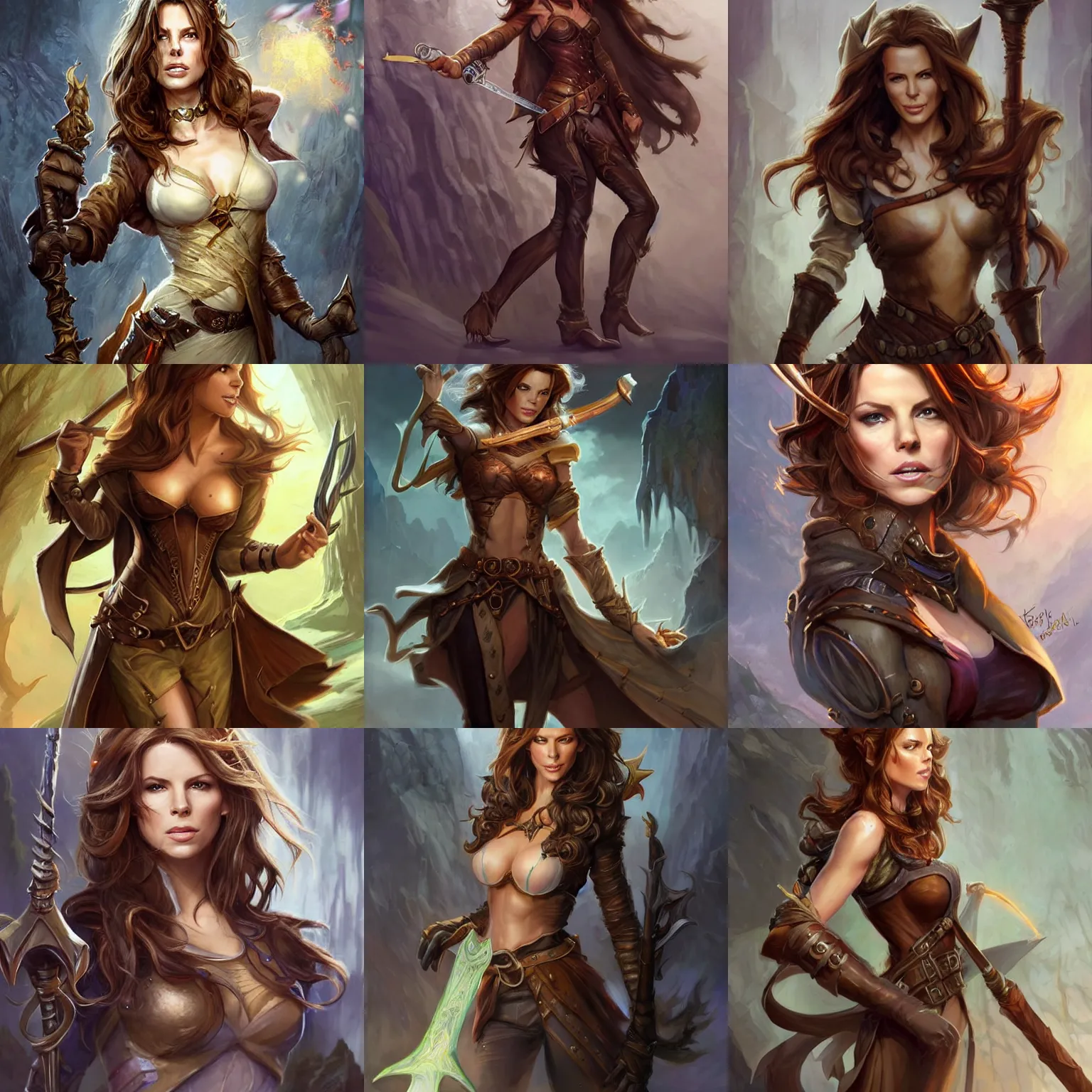 Prompt: kate beckinsale as hansome hal - elf, wielding a magic staff, well dressed, notes of orange, brown hair, beautiful, female, dnd character art portrait, matte fantasy painting, deviantart artstation, by jason felix by steve argyle by tyler jacobson by peter mohrbacher by paul hedley, cinema