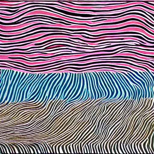 Image similar to a river scene. The river is represented by a line winding through the center of the mixed mediart. The banks of the river are represented by two lines, one on each side. instruction manual by Emily Kame Kngwarreye calm, aesthetic