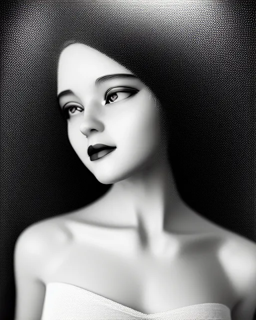 Image similar to black and white dreamy young beautiful female artificial intelligence, cinematic, rim light, photo - realistic, elegant, high detail, 8 k, masterpiece, photo taken in 1 9 3 0