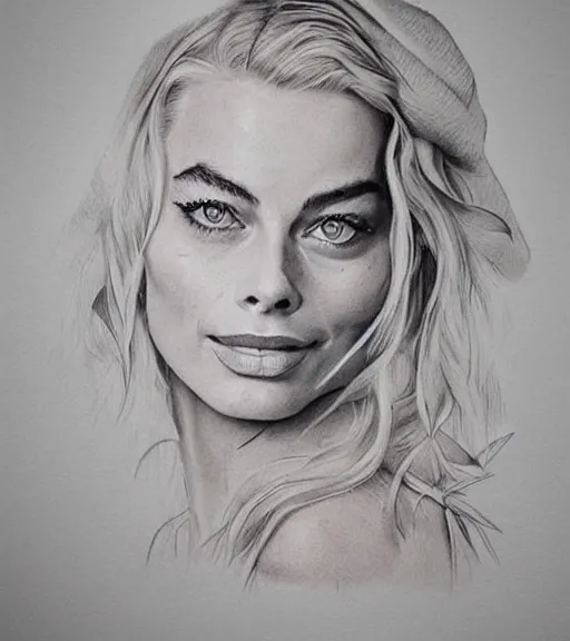 Image similar to A realistic tattoo design of margot robbie on white paper, realism tattoo design, highly detailed tattoo, shaded tattoo, hyper realistic tattoo