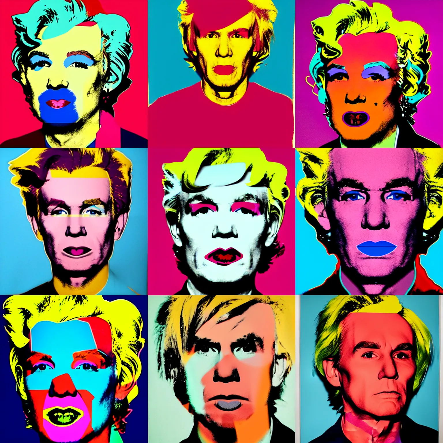 Image similar to colour portrait of angry andy warhol, 30 years old, who looks sternly at us, with shoulders visible in the frame. in the style of andy warhol