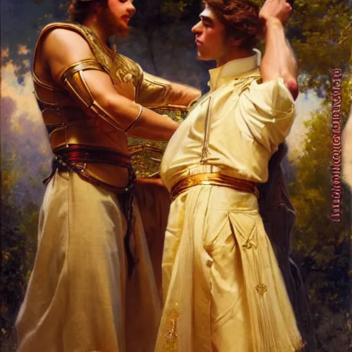 Prompt: attractive fully clothed king confesses his love for his attractive fully clothed male prince. highly detailed painting by gaston bussiere and j. c. leyendecker 8 k