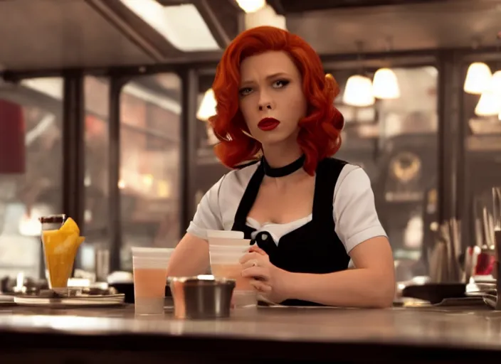 Image similar to Black Widow working as a waitress in a diner in the new avengers movie, 4k