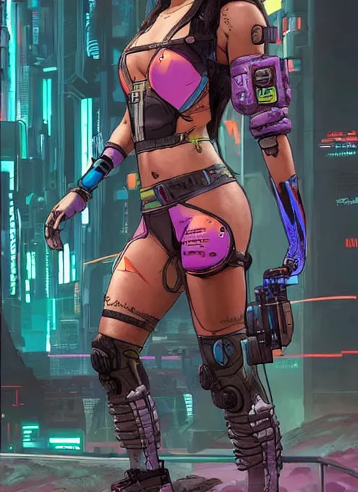 Image similar to apex legends cyberpunk fitness babe. concept art by james gurney and mœbius. gorgeous face, cinematic, dramatic lighting ( cyberpunk 2 0 7 7 ), clean aesthetic