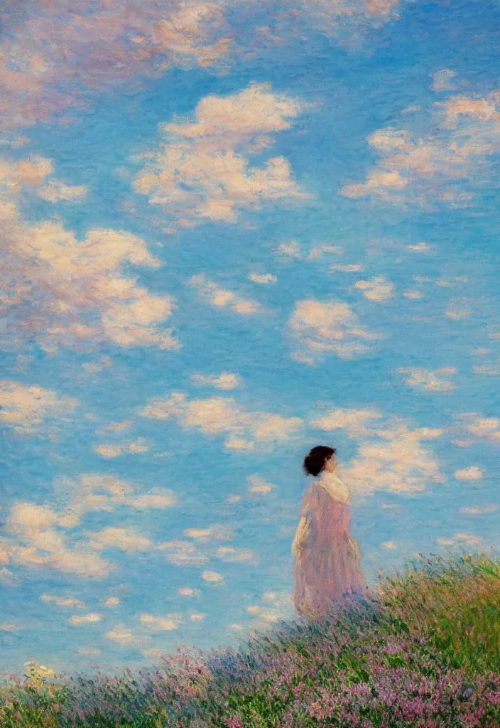 Image similar to tiny character in front of a beautiful japanese country side landscape, bleu sky, magnificient clouds, lofi vibe, vivide colors, amazing light, really beautiful nature, oil painting, impressionist style, by jeremy lipkin, by claude monet, by ghibli, kandinsky touches, multiple brush strokes, masterpiece