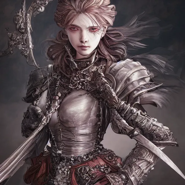 Image similar to the portrait of neutral evil fallen female knight vagabond as absurdly beautiful, gorgeous, elegant, sophisticated, woman, an ultrafine hyperdetailed illustration by kim jung gi, irakli nadar, intricate linework, bright colors, octopath traveler, final fantasy, unreal engine 5 highly rendered, global illumination, radiant light, detailed and intricate environment