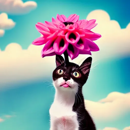 Image similar to very cute and tiny cat with horn sitting on a Dahlia flower flying on a pink cloud, sky background, pixar style, cinematic lightning, award winning creature photography