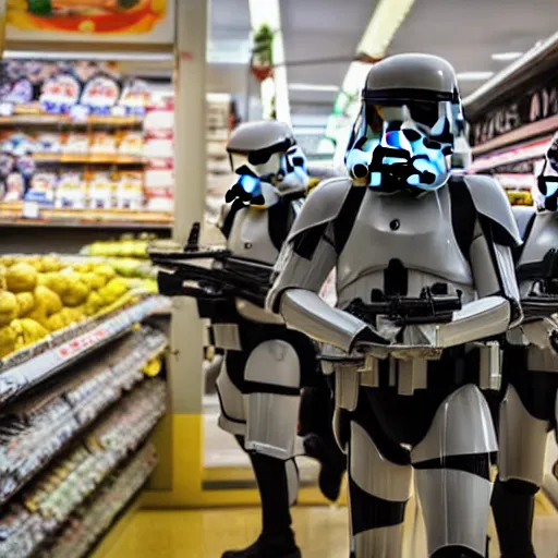 Image similar to Star wars troopers fighting with bananas in a supermarkets fish area, the star wars troopers try shooting and hitting other troopers with bananas, high perspective inside the store, high field of view, 40nm lens, split lighting, 4k,