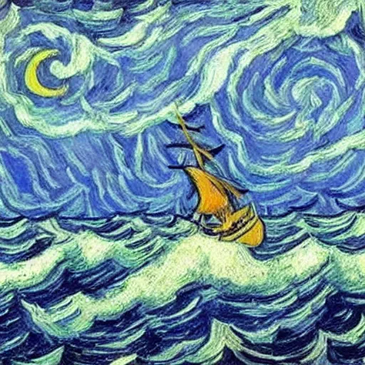 Prompt: a ship going through a storm, Van Gogh style