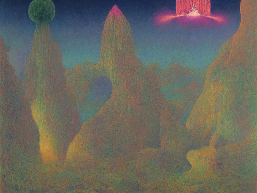 Image similar to study of the psychedelics dream bot mothership over the sublime sacred rock. painting by mikalojus konstantinas ciurlionis, bosch, wayne barlowe, agnes pelton, rene magritte