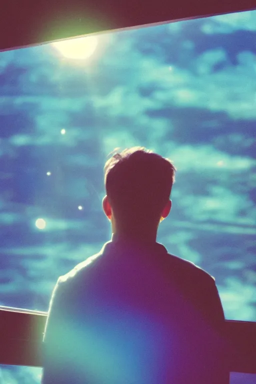 Prompt: agfa vista 4 0 0 photograph of a guy in a spaceship looking out a window at earth, back view, synth vibe, vaporwave colors, lens flare, moody lighting, moody vibe, telephoto, 9 0 s vibe, blurry background, grain, tranquil, calm, faded!,