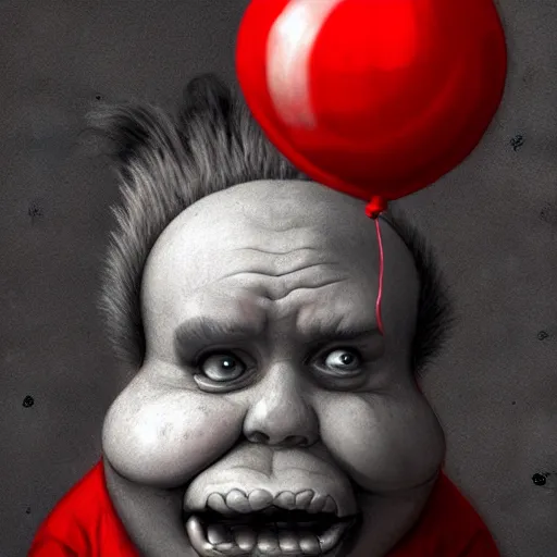 Image similar to surrealism grunge cartoon portrait sketch of chunky with a wide smile and a red balloon by - michael karcz, loony toons style, where the wild things are style, horror theme, detailed, elegant, intricate