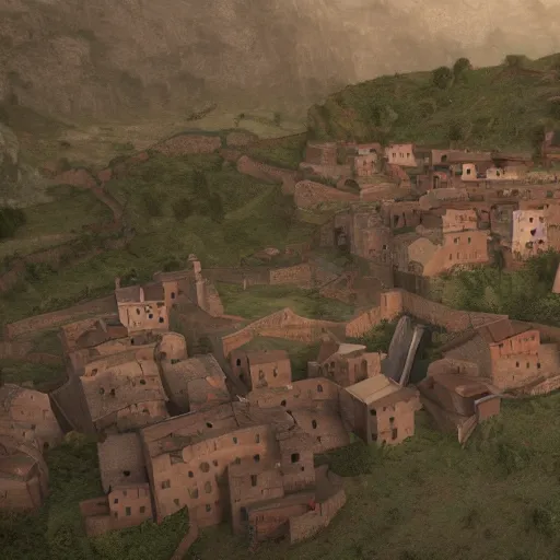 Image similar to the center of a poor medieval town under heavy rain at late dawn, in a valley, surrounded by mountains, highly detailed, octane render, ultra detailed cinematic, 8 k, widescreen, 1 6 : 9, hd