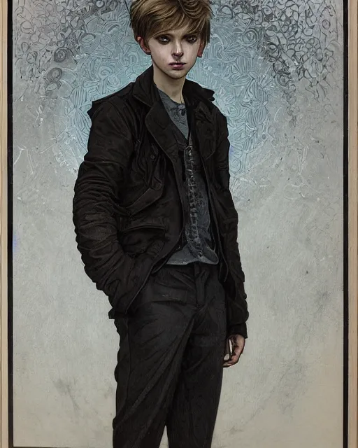 Prompt: portrait a 1 5 - year - old boy, with slender, white - blond hair, cold grey eyes, a pale complexion with sharp and pointed features, wearing black clothes, hyper realistic face, beautiful eyes, close up, fantasy art, in the style of greg rutkowski, intricate, alphonse mucha, hyper detailed, smooth