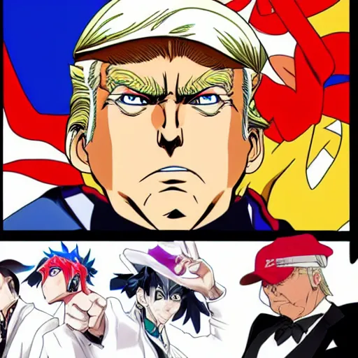 Image similar to trump as a jojo character, anime key visual, jojo the bizarre adventure