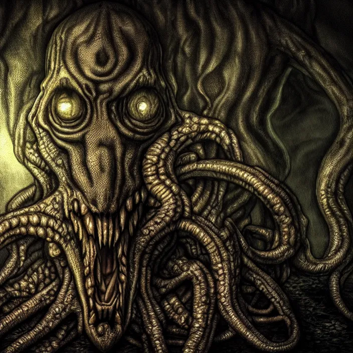 Prompt: hyper realistic, high detail photo of lovecraft monster, beautiful, dreary lighting