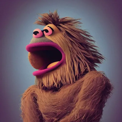 Image similar to a still of a forgotten muppet character looking very manly and modern, hilarious, laughing, hairy chest, huge chin, manly monster tough guy, roughled fur, photo real, photographic, photograph, artstation, trending, featured