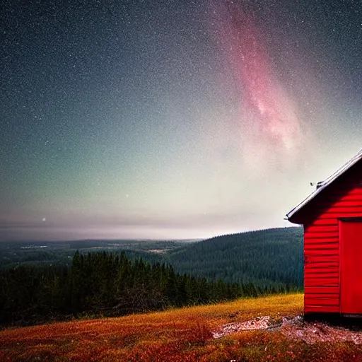 Image similar to stunning photo of landscape with an red cabin on a mountain by mikko lagerstedt