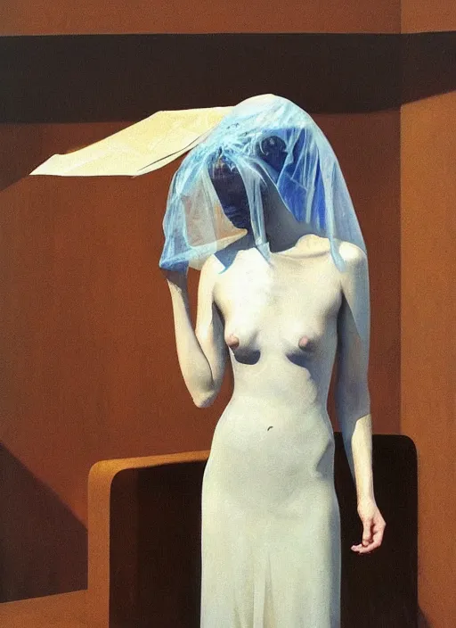 Image similar to woman in a translucent dress made from plastic bag with paper bags for clothes standing inside paper bags with paper bag over the head at store display Edward Hopper and James Gilleard, Zdzislaw Beksinski, highly detailed