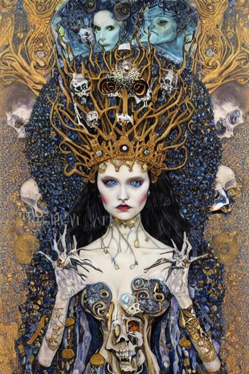 Image similar to The Queen of Bones by Karol Bak, Jean Deville, Gustav Klimt, and Vincent Van Gogh, portrait of a porcelain princess wearing a crown, beautiful porcelain doll face, pale blue eyes, mystic eye, otherworldly, crown made of bones, ornate jeweled crown, skulls, fractal structures, arcane, inscribed runes, infernal relics, ornate gilded medieval icon, third eye, spirals, rich deep moody colors