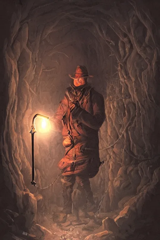 Prompt: an old - fashioned explorer with a lamp, in the dark tunnel of a monstrous spider, in the style of gerald brom, dramatic lighting, low angle, wide angle, fantasy art, highly detailed digital art