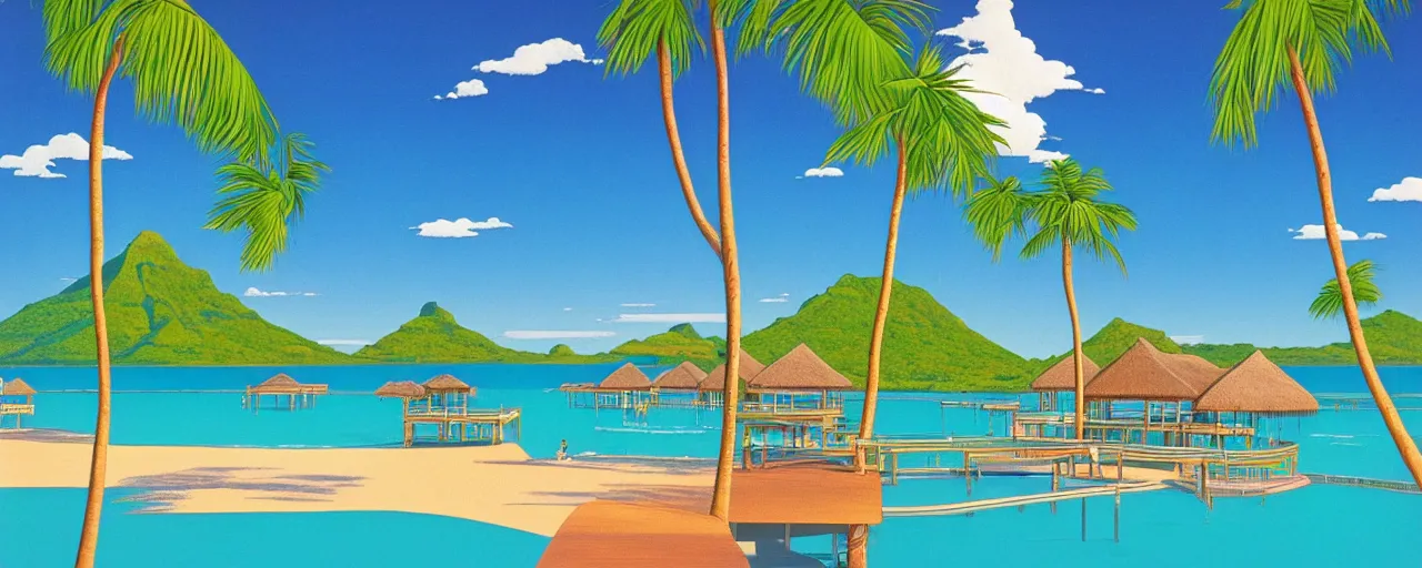 Image similar to serene bora bora landscape, disney, hiroshi nagai