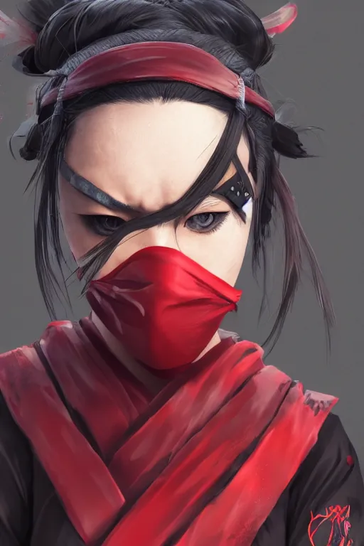 Prompt: native japanese young woman dressed like shinobi ninja, focused stare, partially masked, highly detailed, photobash, photorealistic render, trending on artstation, character design, red background, cinematic lighting