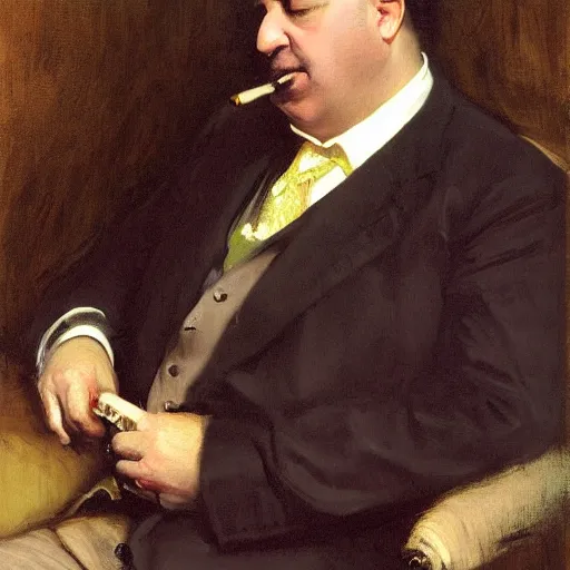 Image similar to portrait of tony soprano smoking a cigar, hyperrealistic, super detailed, by john mcneill whistler, by john singer sargent