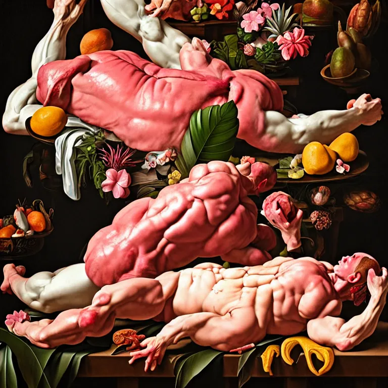 Prompt: still life of beautiful perfect muscled white man white body, surrounded by pastel tropical flowers, tropical fruit, human spine, rotten meat flesh with colorful mold, muscle tissue, spikes, baroque painting, beautiful detailed intricate insanely detailed octane render, 8K artistic photography, photorealistic, chiaroscuro, Raphael, Caravaggio