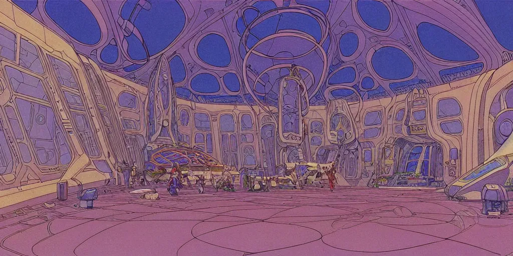 Image similar to cel shaded cinematic shot of the interior of a sci-fi space station with ornate Elven architecture bustling with various intelligent alien species, epic castle, emerald, crystalline, detailed illustration, sharp focus, clean lines, art by Moebius, Jean Giraud Moebius comic illustration