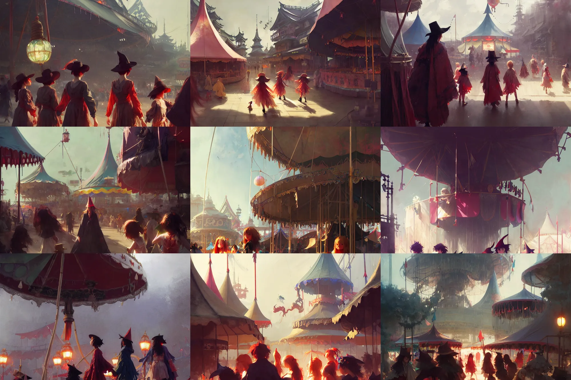 Image similar to close - up of young witches exploring small town carnival amusement, food stalls, big top circus tent, highly detailed, magical, japan, digital painting, concept art, matte, art by ruan jia and wlop and greg rutkowski and makoto shinkai, masterpiece