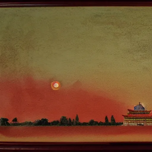 Prompt: The forbidden city with sunset at golden hour, in the style of sandpainting