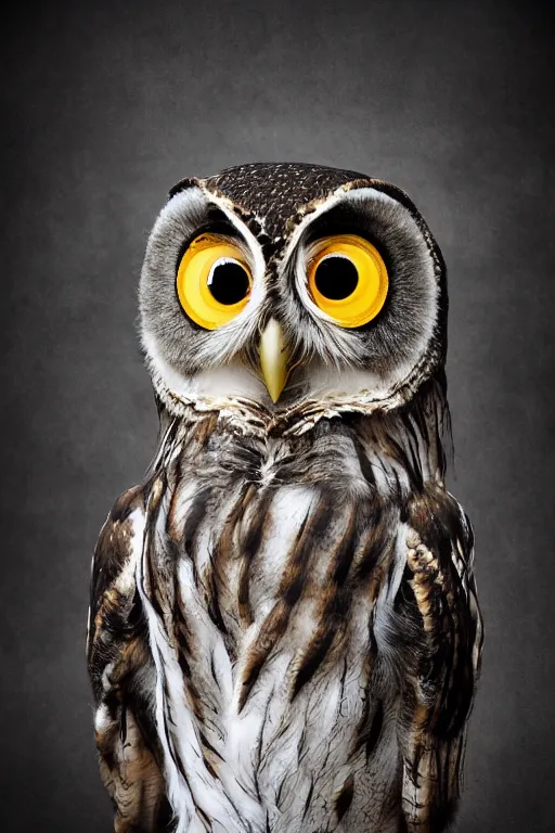 Prompt: cute owl wearing black biker jacket, portrait photo, backlit, studio photo, background colorful